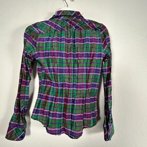 Beluva Sna Francisco Womens Green Purple Plaid Pleated Button-Down Shirt Small - Picture 2 of 7